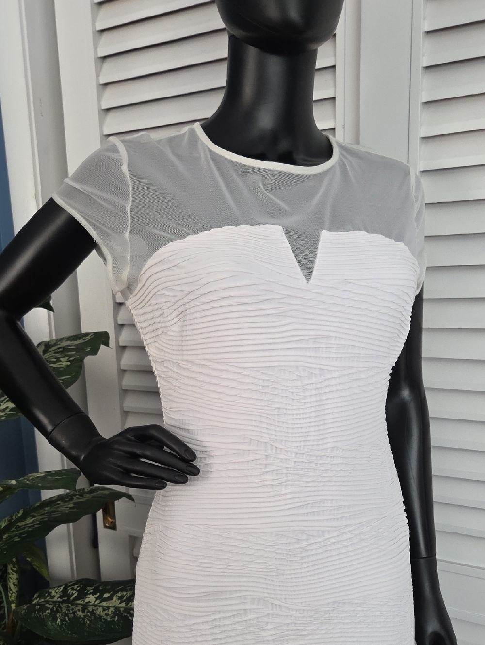 Sheer Yoke White Textured Bodycon Dress